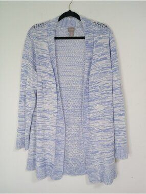 Chicos Open Front Light Blue White Marled Knit Cardigan Sweater Sz 2 100% Cotton